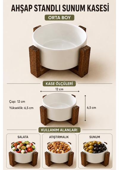 Ahşap Standlı Bowl Kase Çerezlik Sunumluk Salata Tabağı Sosluk Tek Kişilik Salata Kasesi 12 Cm