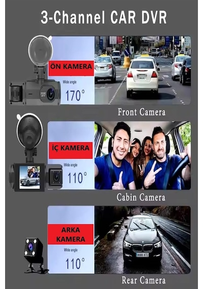 Araç Içi Kamera 1080p Full Hd /170 Geniş Açı /3 Kameralı Gece Görüşlü /2 Lcd Ekranlı/g-sensör İle Uyumlu