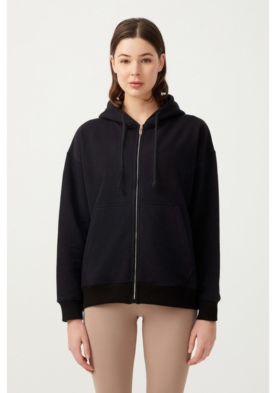 Los Ojos Kadın Siyah Kapüşonlu Oversize Şardonlu Fermuarlı Örme Sweatshirt Siyah