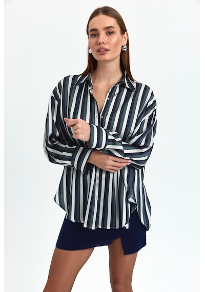 Pera Moda Kadın Salaş Oversize Desenli Saten Gömlek Haki