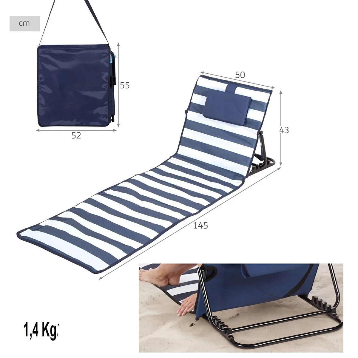 Katlanabilir Plaj Yatağı Şezlong Minderi Yastıklı 5 Kademeli Sırt Ayarlı Taşıma Çantalı 145x50 Cm Lacivert Beyaz