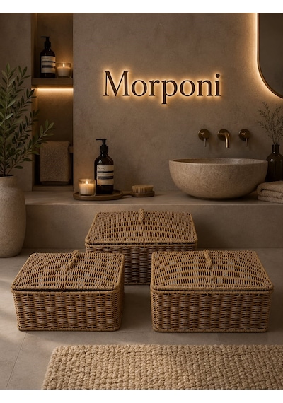 Lüks Rattan 3'lü Kapaklı Düzenleyici Sepet - Banyo Ve Ev Organizer Seti Mrl-105a Sarı