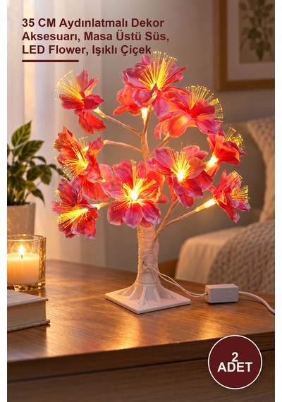 2 Adet Dekoratif Ledli Çiçek 35 Cm Aydınlatmalı Dekor Aksesuarı, Masa Üstü Süs, Led Flower, Işıklı Çiçek