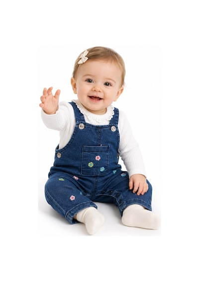 Bebegen Kız Bebek Ekru Mavi Renkli Çiçek Nakışlı Badili Kot Salopet Tulum Çok Renkli