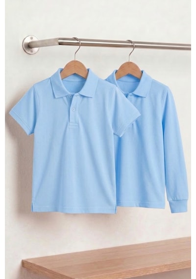 Nacar Store Unisex Çocuk Uzun Ve Kısa Kollu Polo Yaka Okul Tişörtü 2'li Set Bebek Mavi