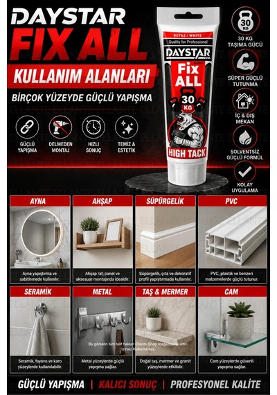 Fix All High Tack 300 Kg Güçlü Yapıştırıcı Beyaz Delmeden Montaj, Ahşap Metal Cam Seramik Pvc Çok Çok Renkli