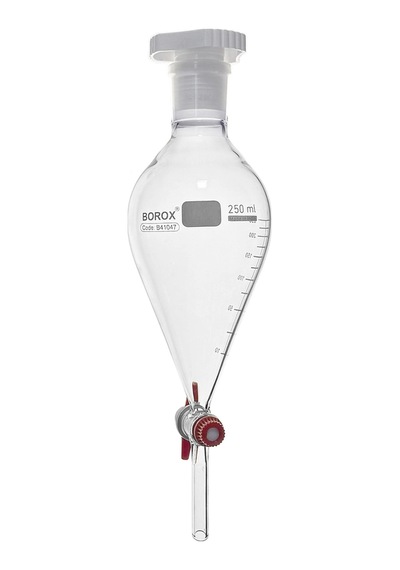 Borox Armudi Tip Teflon Musluklu Tıpalı Hacim Ölçekli﻿﻿ Cam Ayırma Hunisi 250 ML