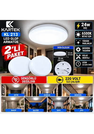 2'li Paket Kartek Kl 213 24w Led Glop Armatür 35 Cm 6500k Beyaz Işık 220v Sensörsüz Sıva Üstü Yuvarlak Tavan Lambası
