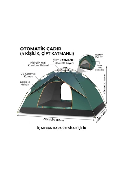 Camp One Dört Mevsim 4 Kişilik Çift Katmanlı Otomatik Kamp Doğa Deprem Çadırı Çok Renkli
