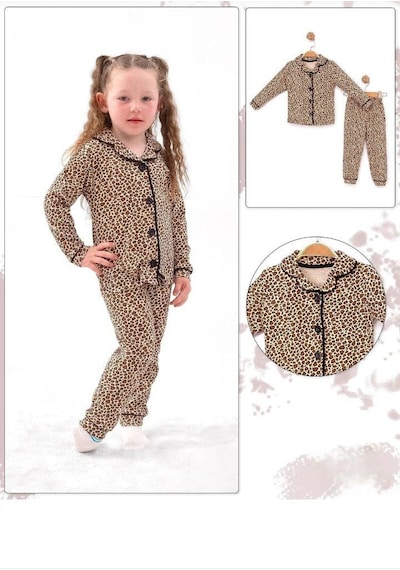 Dolaş Kids Anne Ve Kız Çocuk Ve Bebek Leopar Desenli Boydan Düğmeli Pijama Takımı Kahverengi