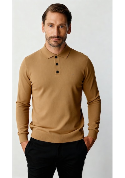 İgs Bej Standart Fit Dar Kalıp Polo Yaka Düz Uzun Kollu Triko-21901 Bej