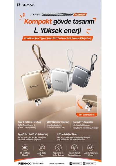 Remax Cloudatlas 10000mah 22.5w Dahili Type-c Kablolu & Katlanır Fişli Powerbank Adaptör Fp-90 Altın