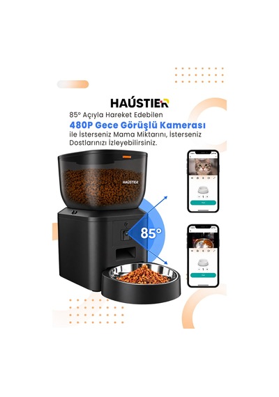 Qq025 Kameralı Akıllı Otomatik Kedi Mama Kabı, 480p ,gece Görüşlü, Wifi 2.4ghz, 4 Lt, Metal Kase