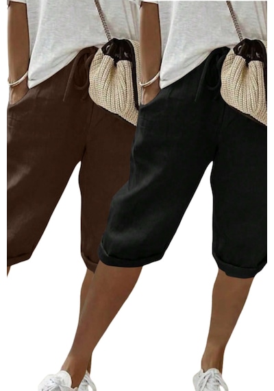 Cool Tarz Kadın 2li Set Siyah Kahverengi Beli Lastikli Rahat Kesim Kapri Şort Kahverengi - Siyah Kahverengi - Siyah Cool Tarz Kadın 2li Set Siyah Kahverengi Beli Lastikli Rahat Kesim Kapri Şort Kahverengi - Siyah Kahverengi - Siyah