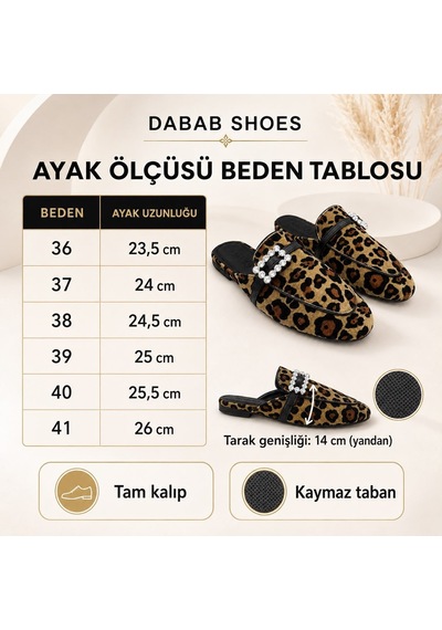 Dabab Shoes Marıgold Kadın Taşlı Tokalı Leopar Desenli Kadife Görünümlü Kapalı Burun Düz Taban Mule Terlik