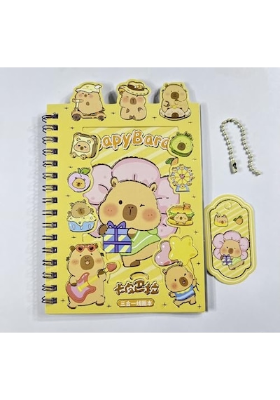 3'ü 1 Arada Spiral Defter Capybara 11x16.5 Cm Sticker Defteri Sarı Açık Gri