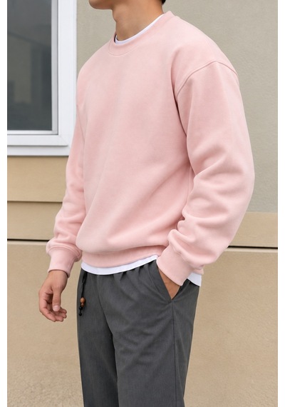 Tarz Cool Erkek 3 İplik Şardonlu Regular Fit Bisiklet Yaka Basic Sweatshirt Pembe