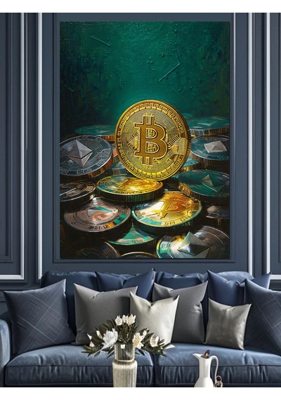 Ahşap Tablo Altın Bitcoin Kripto Para