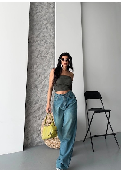 Kazax Baggy Taş Enzim Bıyık Yıkama Jeans Pantolon Yeşil Tint D2007 Yeşil