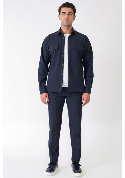 Comfort Fit Yan Cepli Esnek İnce Çizgili Lacivert Gömlek Ceket G 1608