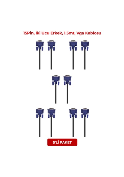Hytech Hy-vga105, 15pin, İki Ucu Erkek, 1.5mt, Vga Kablosu 5li Paket