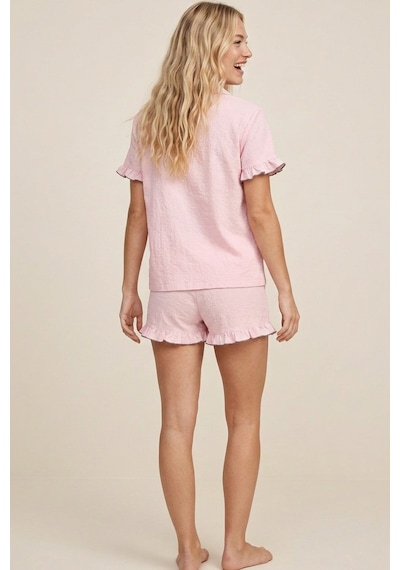 Siyah İnci Nakışlı Bürümcük-krınkıl Kısa Kollu Düğmeli Şortlu Pijama Takım 8058 Pembe
