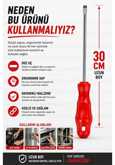 30 Cm Düz Tornavida 5x300 Mm Profesyonel Uzun Boy Ergonomik Sap