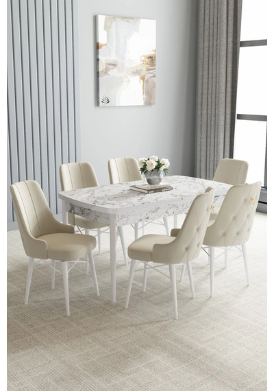 Zümra Serisi, Beyaz Mermer Desen 80x132 Açılabilir Mdf Mutfak Masası Takımı 6 Adet Sandalye Krem Zümra Serisi, Beyaz Mermer Desen 80x132 Açılabilir Mdf Mutfak Masası Takımı 6 Adet Sandalye Krem