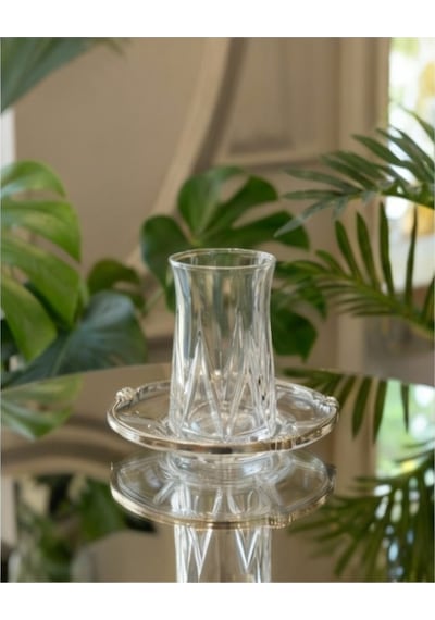 Elta Collection 12 Parça 6 Kişilik Kristal Kesim Çay Takımı Cam Çay Bardağı Ve Tabak Seti Gümüş