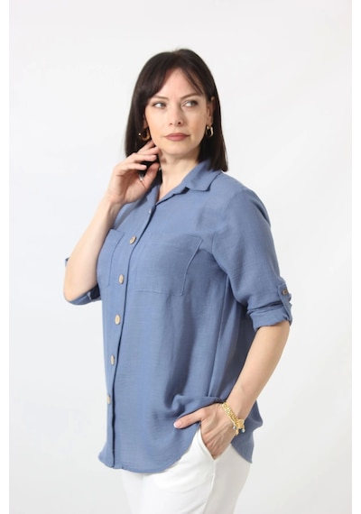 Moda Berray İb-077 İndigo Pamuk Keten Kolu Apoletli İki Cepli Kadın Büyük Beden Gömlek İndigo Moda Berray İb-077 İndigo Pamuk Keten Kolu Apoletli İki Cepli Kadın Büyük Beden Gömlek İndigo