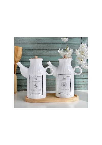 Bambu Standlı Etiketli 2 Li Porselen 1000ml Papatya Yağdanlık Set Yağlık Sirkelik Takım Beyaz Beyaz