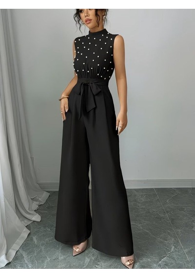Efnaz Style Kadın Balıkçı Yaka Kolsuz Incili Beli Kuşaklı Uzun Janjan Tulum Siyah