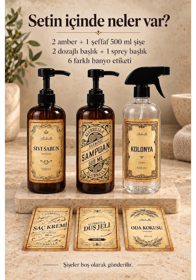 Alubrella 500 Ml 2 Amber Pompalı Ve 1 Şeffaf Sprey Boş Şişe Seti Ve Banyo Etiketleri