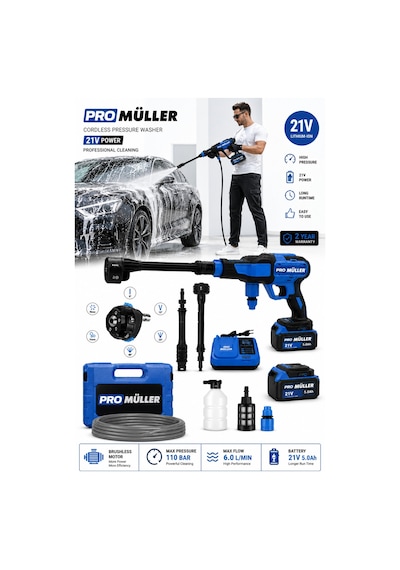 Pro Müller 999 Vf Çift Akülü Bakır Sargılı Su Soğutmalı Profesyonl Yüksek Basınçlı Bahçe Ve Oto Yıkama