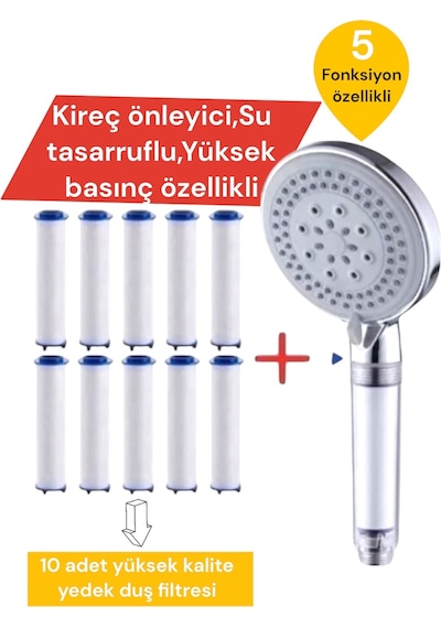 Truva 10 Adet Yedek Filtreli,kireç Önleyici Özellikli,su Tasarruflu Duş Gri