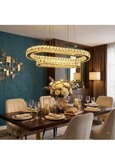 Alalighting Modern Çift Katlı Oval Kristal Avize 201 Paslanmaz Çelik K9 Taşlı Dimmerli Kumandalı 3 Renk / 4 Mod Altın - Gold