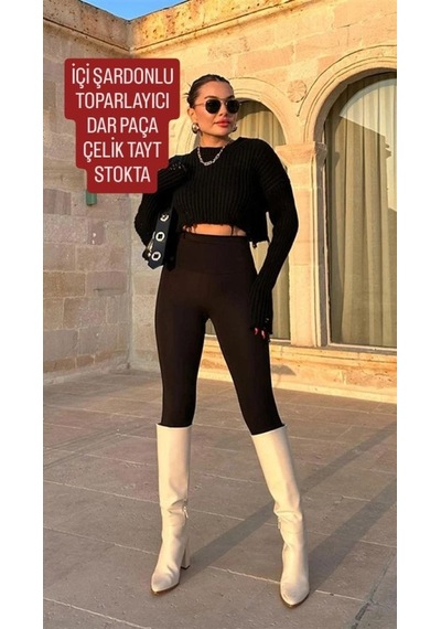 Ramımse Kadın Uzun Yüksek Bel Şardonlu Toparlayıcı Tayt Siyah