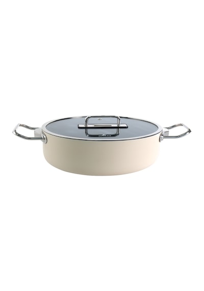 Aryıldız Colombus Crystal Metal Kulp Cam Kapak Kısa Tencere - 24 Cm Krem