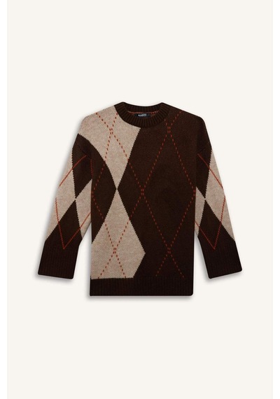 Defacto Regular Fit Bisiklet Yaka Baklava Desenli Triko Kazak Tunik G0711ax25wnbn341 Kahve-bn341