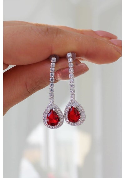 Niki Aksesuar Kırmızı Damla Taşlı Küpe - Diamond Model Kırmızı