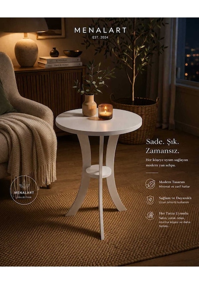 Fiskos Beyaz Yan Sehpa 50 Cm Çap - 60 Cm Yükseklik Modern Zigon Yan Sehpa Beyaz