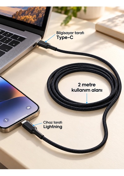Mey İthalat Type C Lightning Örgülü Şarj Ve Veri Kablosu 2 Metre -