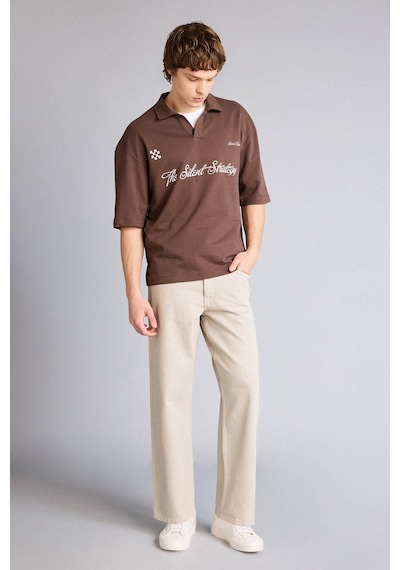 Defacto Loose Fıt Slogan Baskılı Sweatshirt Kumaşı Polo Yaka Tişört F8676ax26spbn151 Kahve-bn151