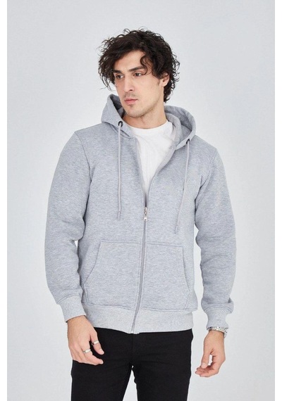 Mbb E-ticaret Erkek 3 İplik Pamuklu Fermuarlı Kapüşonlu Kanguru Cepli Hoodie Hırka Sweatshirt - Gri