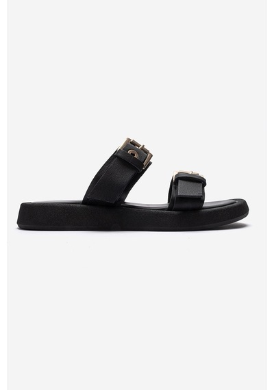 Luvishoes Dorel Siyah Hakiki Deri Tokalı Kadın Terlik