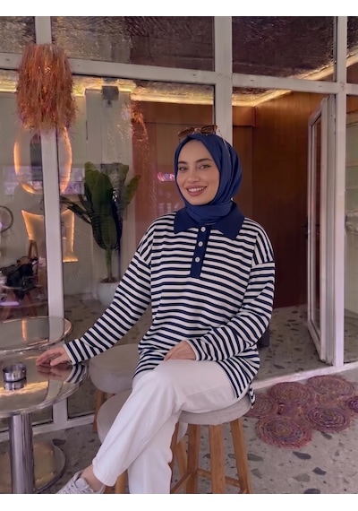 Trend Paris Kadın Polo Yaka Çizgili Uzun Kollu Yan Yırtmaçlı Rahat Kesim Tunik Lacivert 44