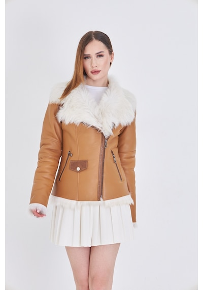 M M Marki Marki Kadın Hakiki Toskana Kürk Mont Taba, Fit Kesim, Fermuarlı, 63 Cm, Kışlık, Lüx Deri Mont - 112122