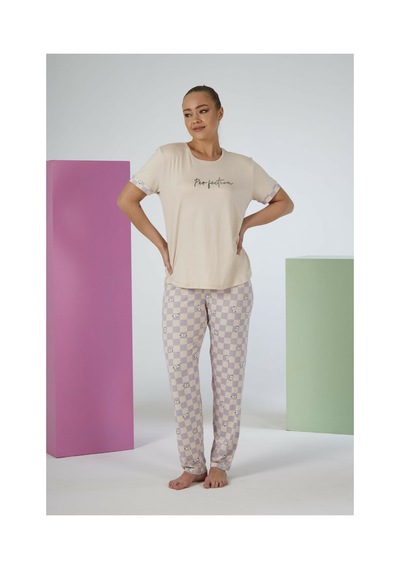 Estiva Kadın Kareli Alt Desenli Kısa Kollu Soft Pijama Takımı Bej