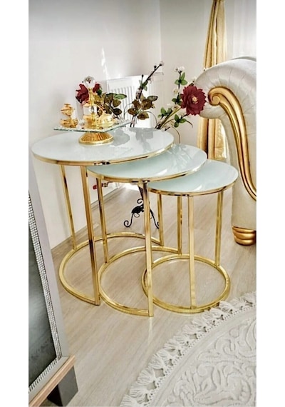 Sedaş 3' Lü Beyaz Temperli Cam Gold Ayak Zigon Sehpa Kolay Kurulum Altın