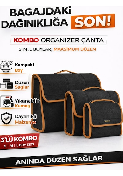 Oto Bagaj Organizer Bagaj Çantası 3'lü Kombo Kaymaz Cırt Bantlı Velur Kompakt - Siyah Kahverengi
